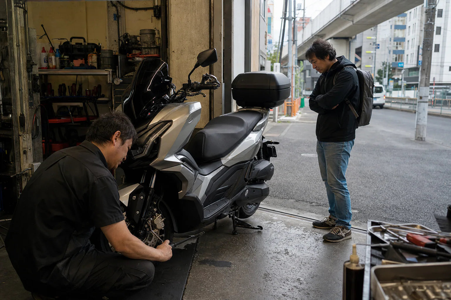 Japan and Korea motorcycle parts installed on a local motorcycle in Yokohama