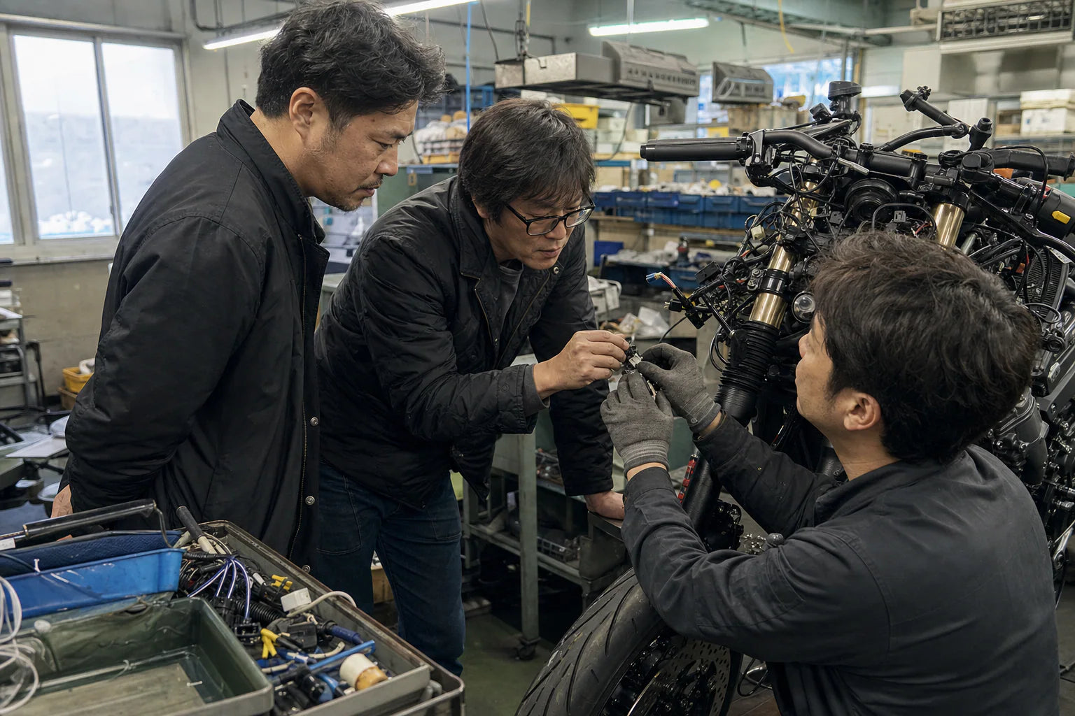 Japan and Korea motorcycle parts OEM buyer inspecting production samples