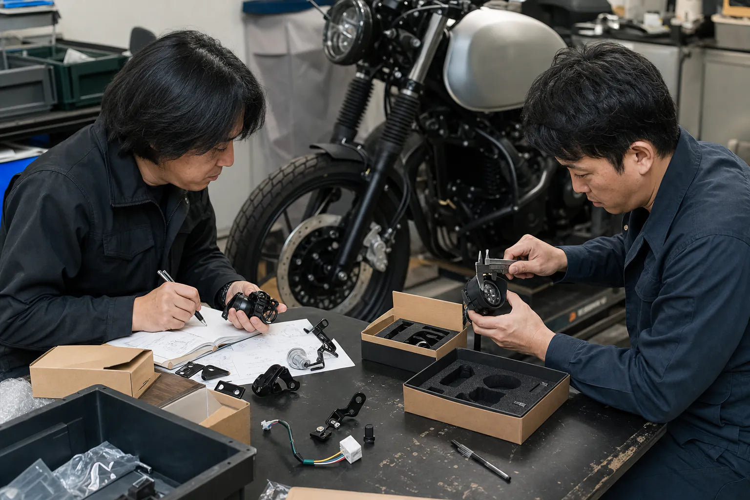 Japan and Korea motorcycle parts buyer reviewing precise OEM and private-label samples