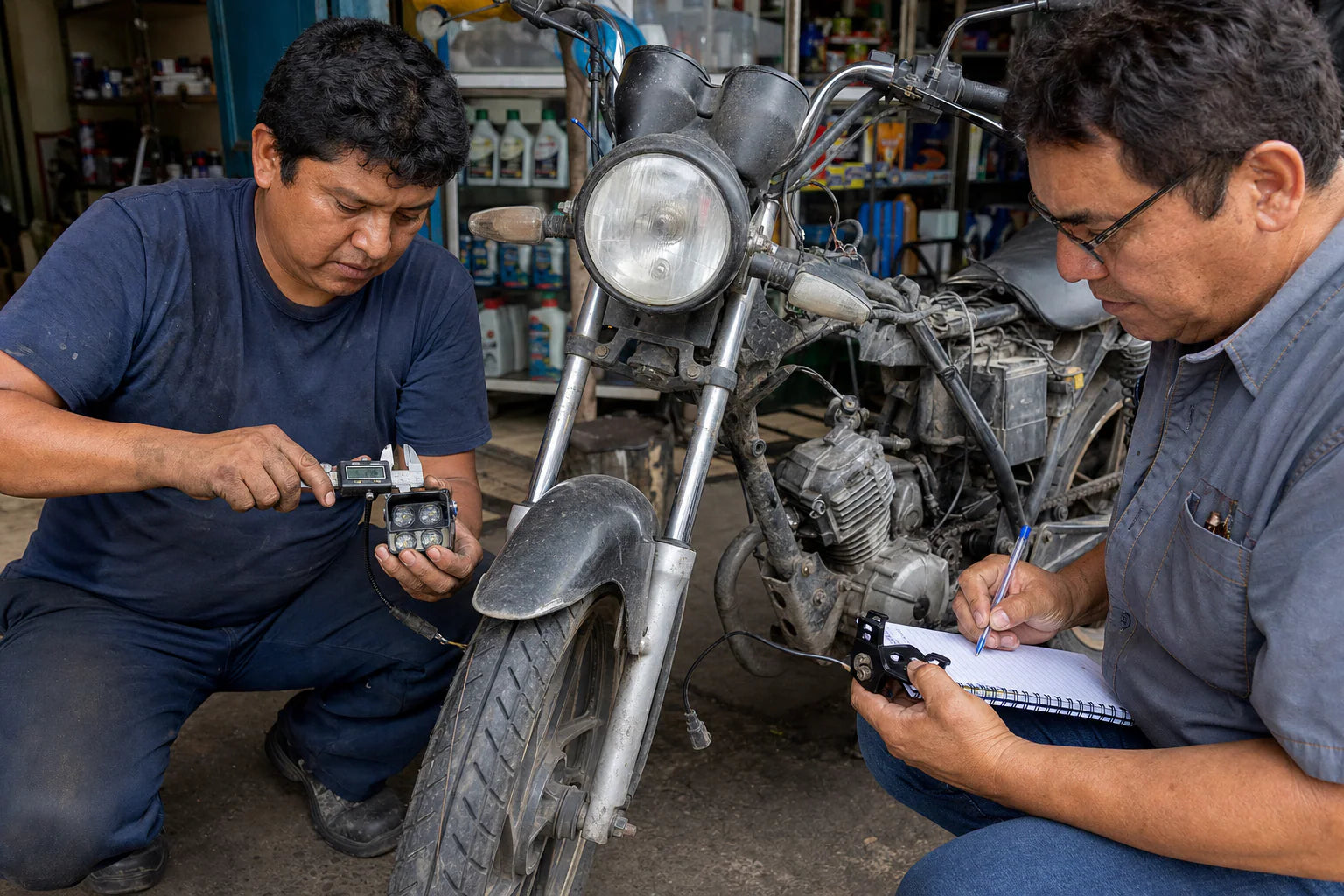 B2B buyer and technician reviewing motorcycle fitment documentation