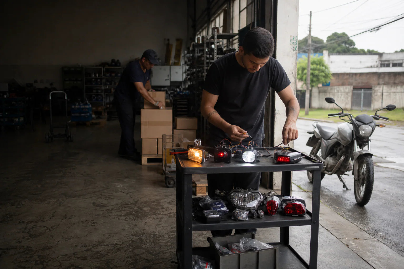 Latin America motorcycle parts catalog selection at a wholesale warehouse