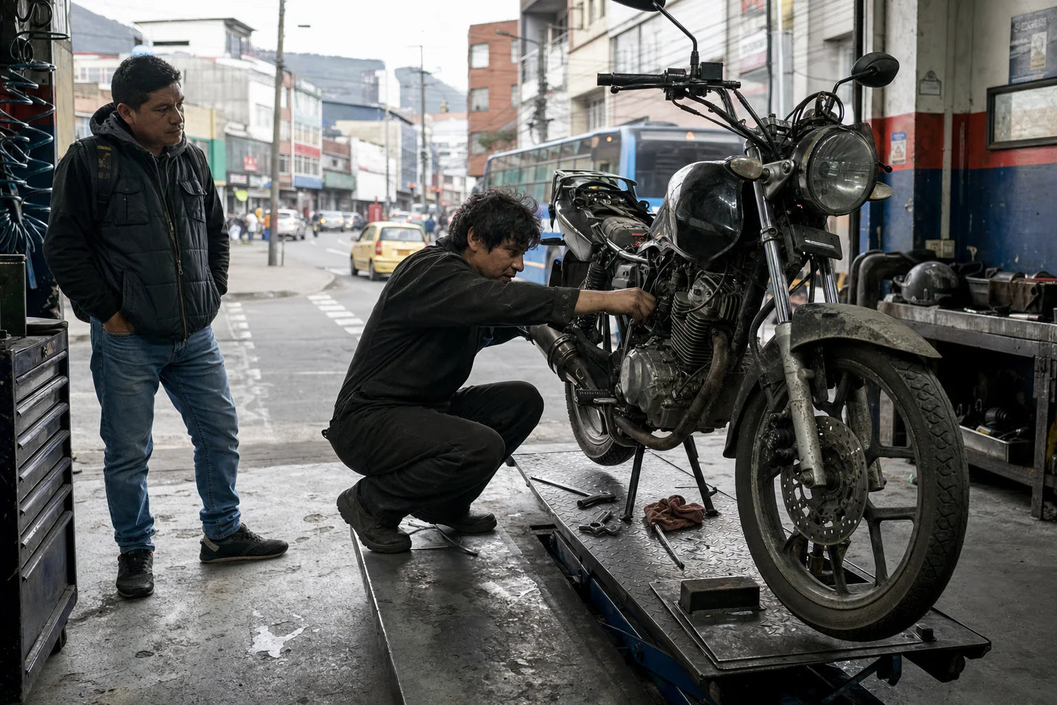 Motorcycle technician checking fitment for a Latin America aftermarket part