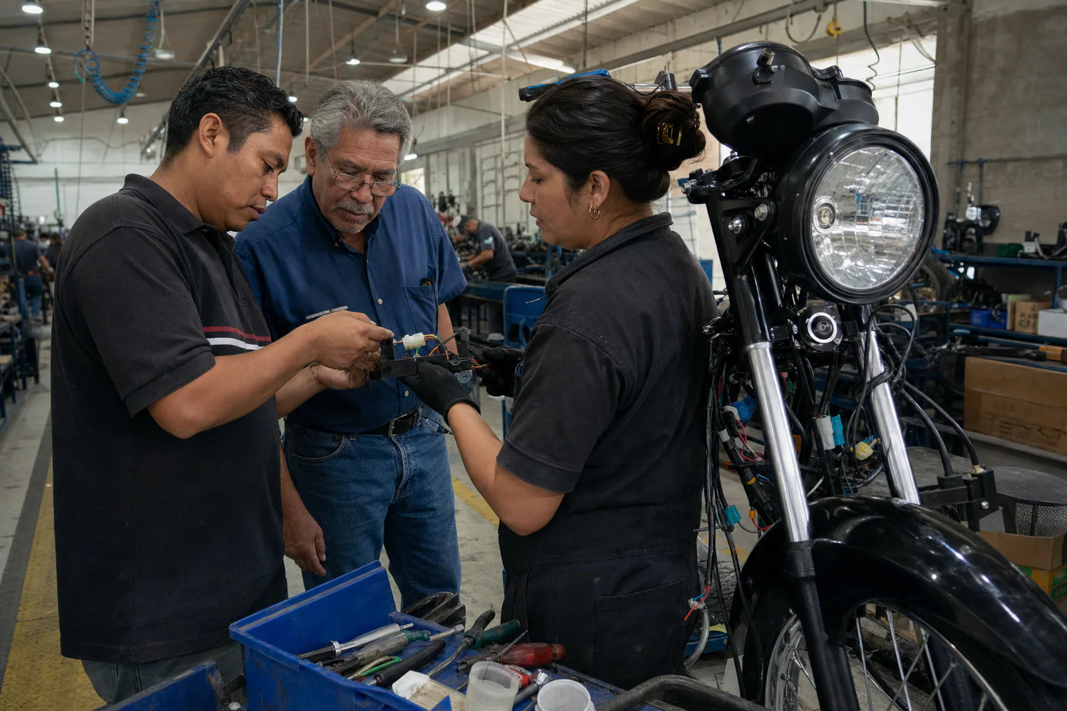 Latin America motorcycle parts OEM buyer inspecting production samples