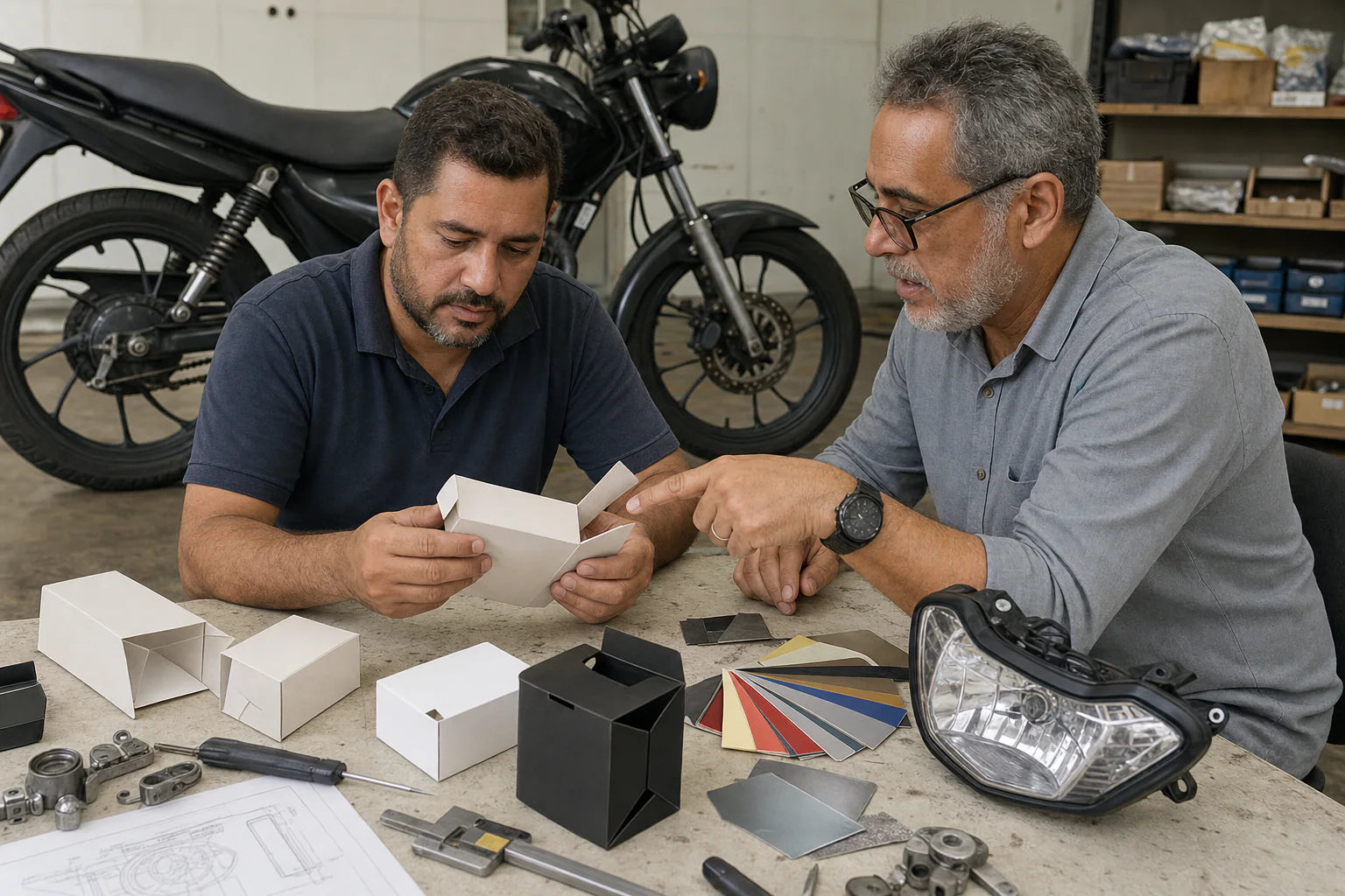 Latin America motorcycle parts distributor reviewing private-label packaging samples