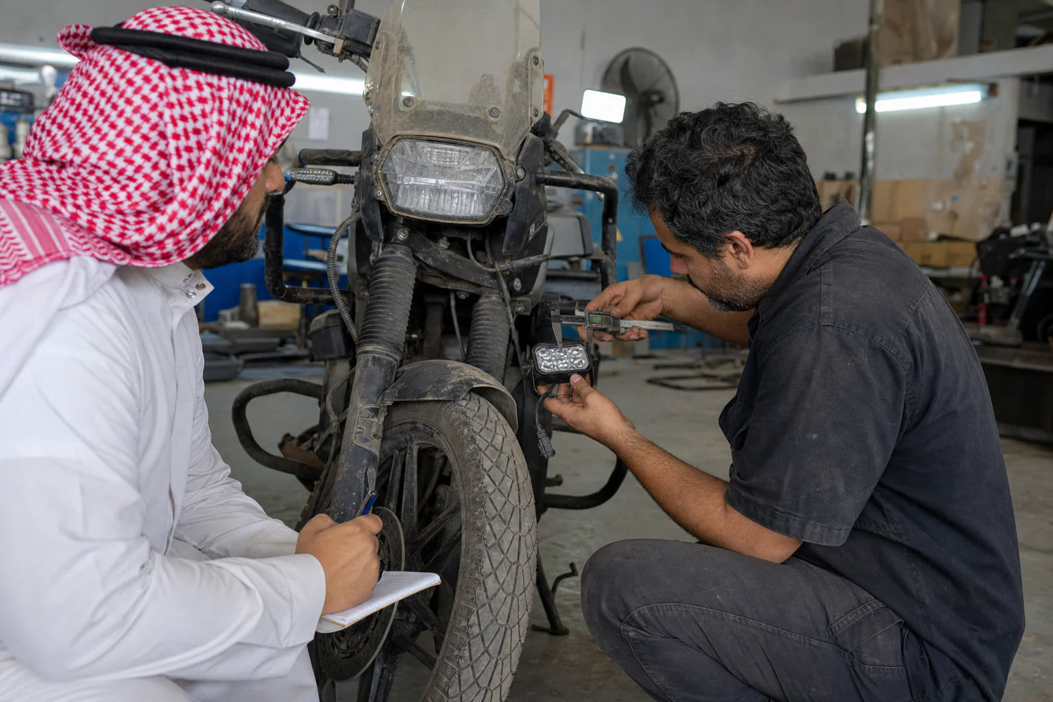 Middle East motorcycle parts buyer checking fitment with a technician in Riyadh