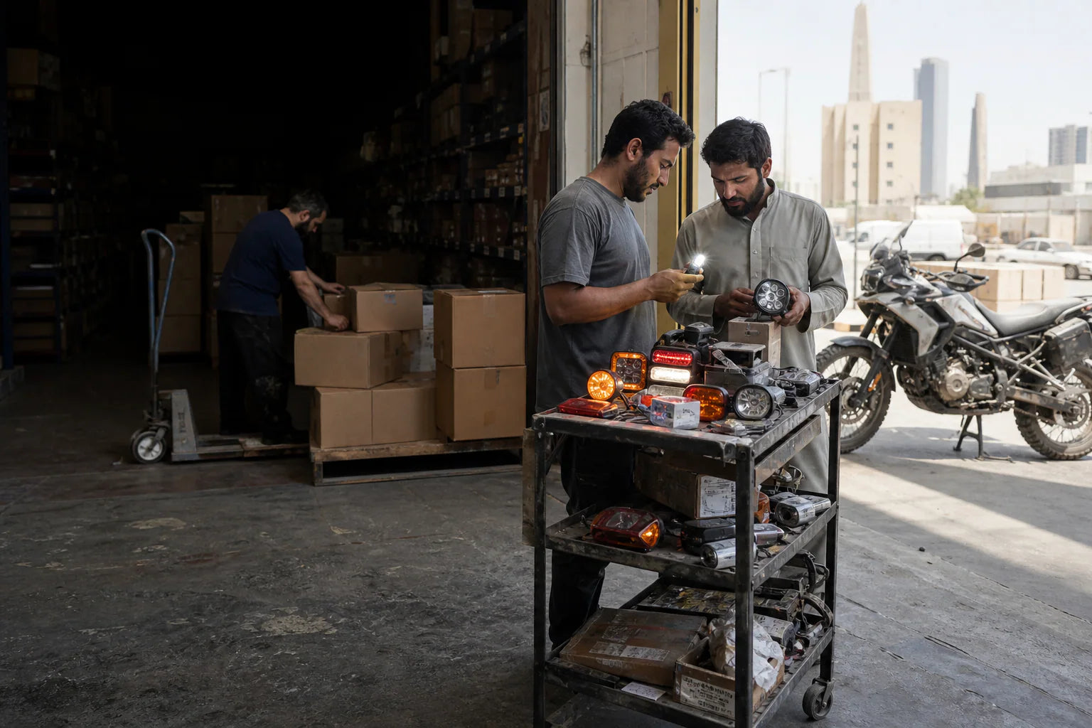 Middle East motorcycle parts catalog selection at a wholesale warehouse in Kuwait City