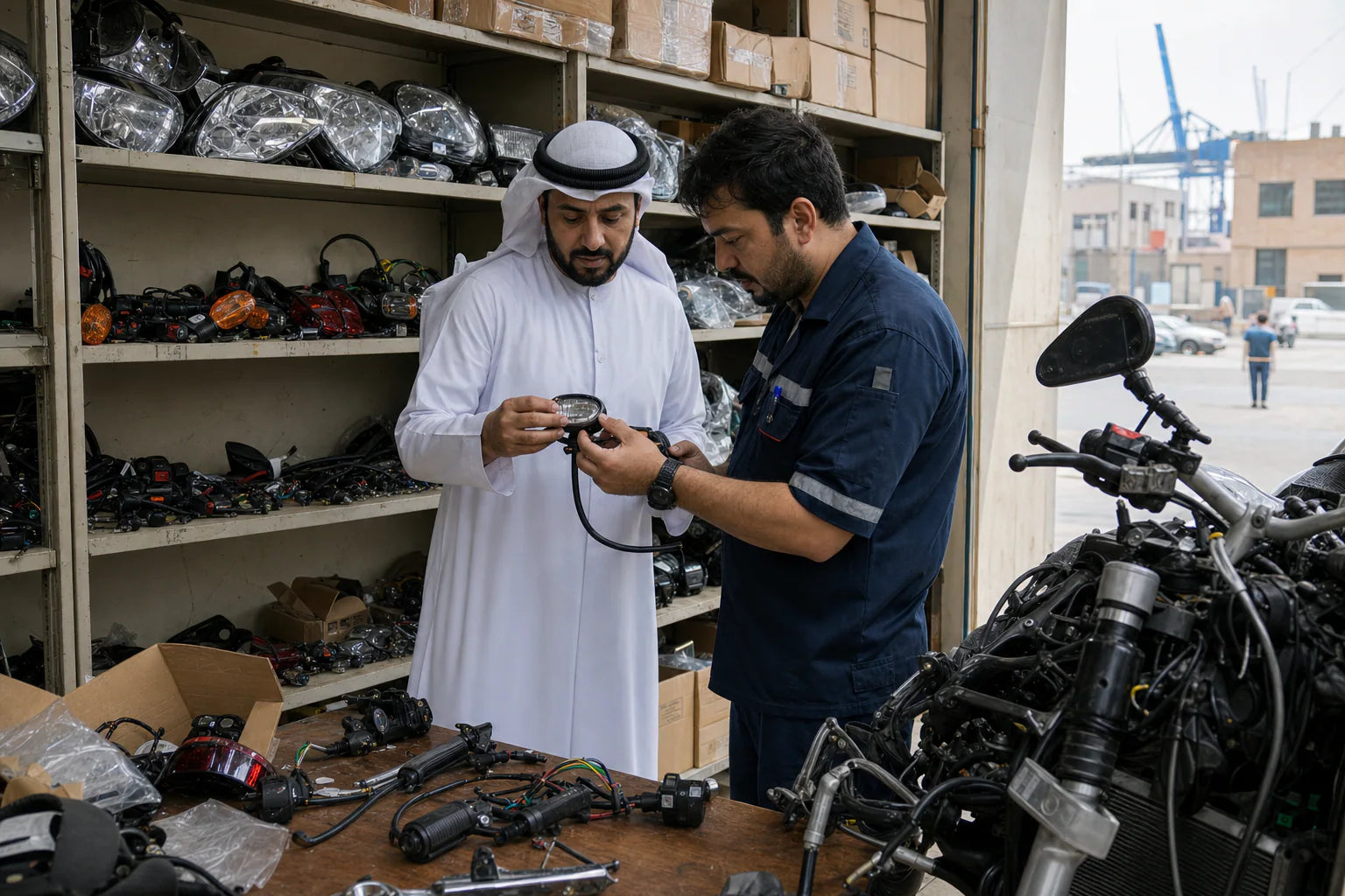 Middle East motorcycle parts assortment prepared for a distributor in Abu Dhabi