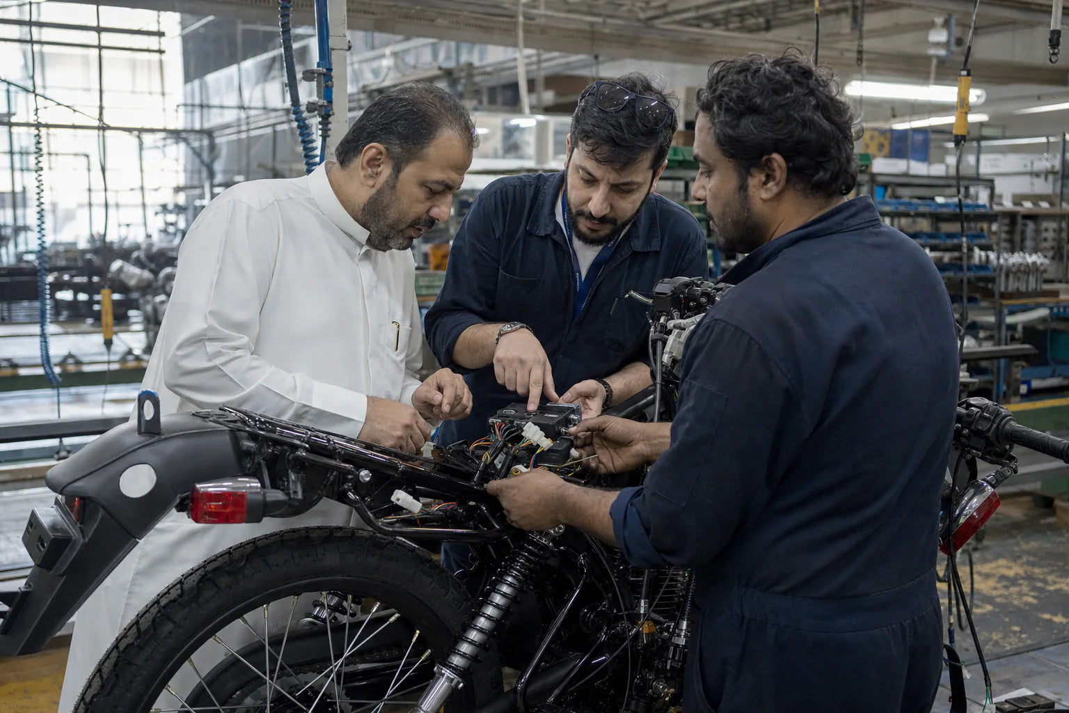 Middle East motorcycle parts OEM buyer inspecting production samples
