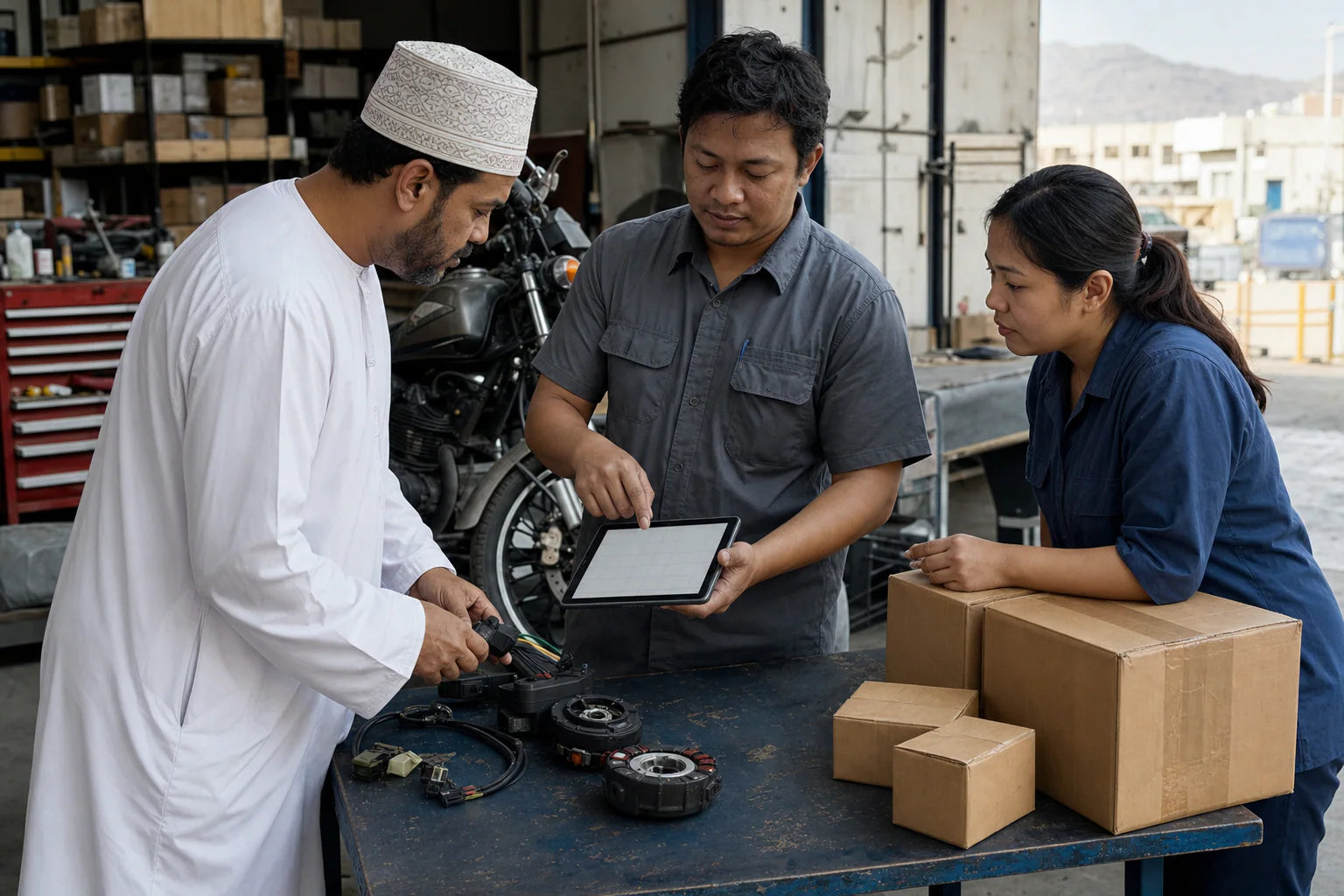Middle East motorcycle parts wholesale buyer comparing samples in Muscat