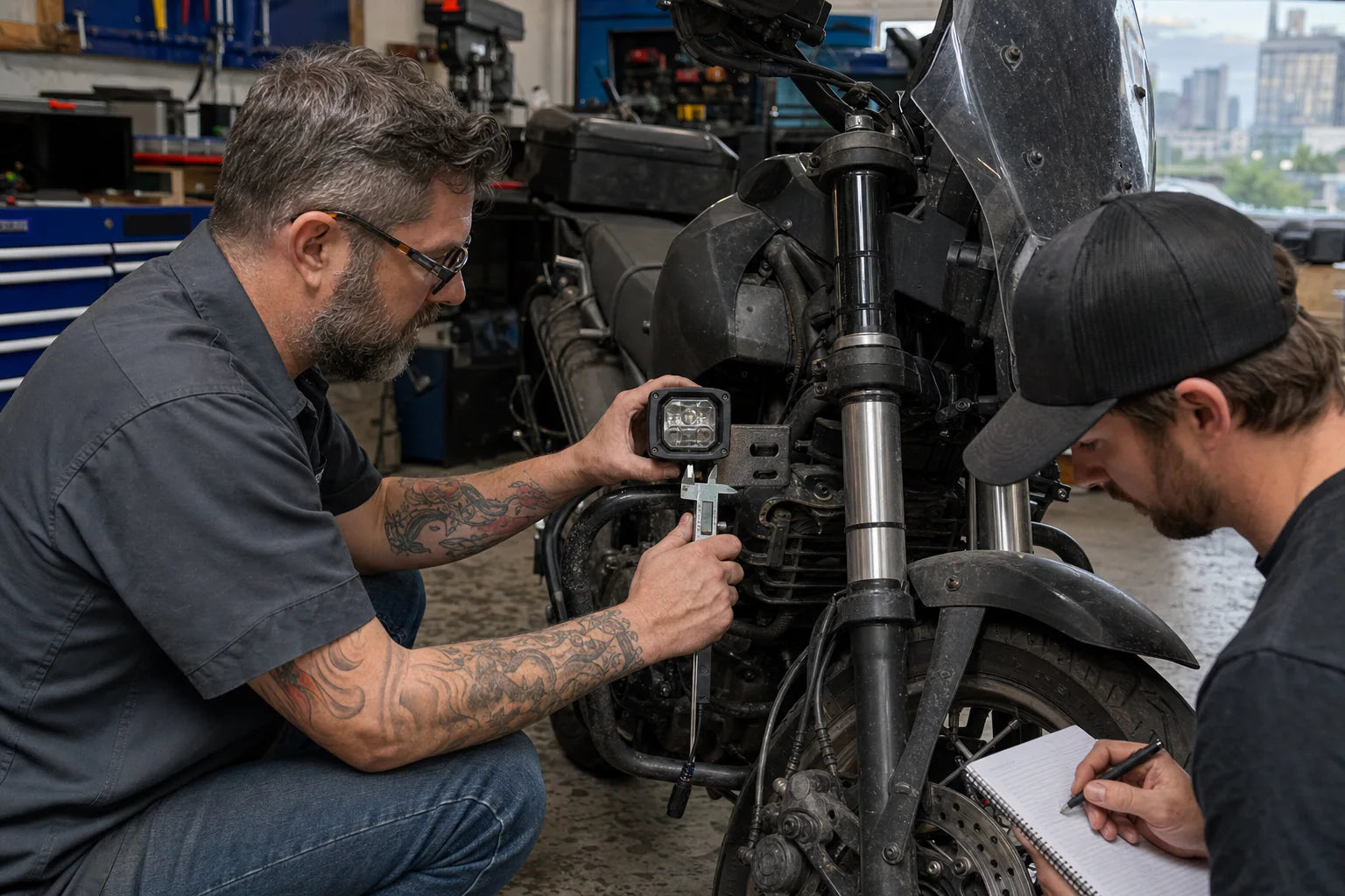 North America motorcycle parts buyer reviewing fitment details with a technician