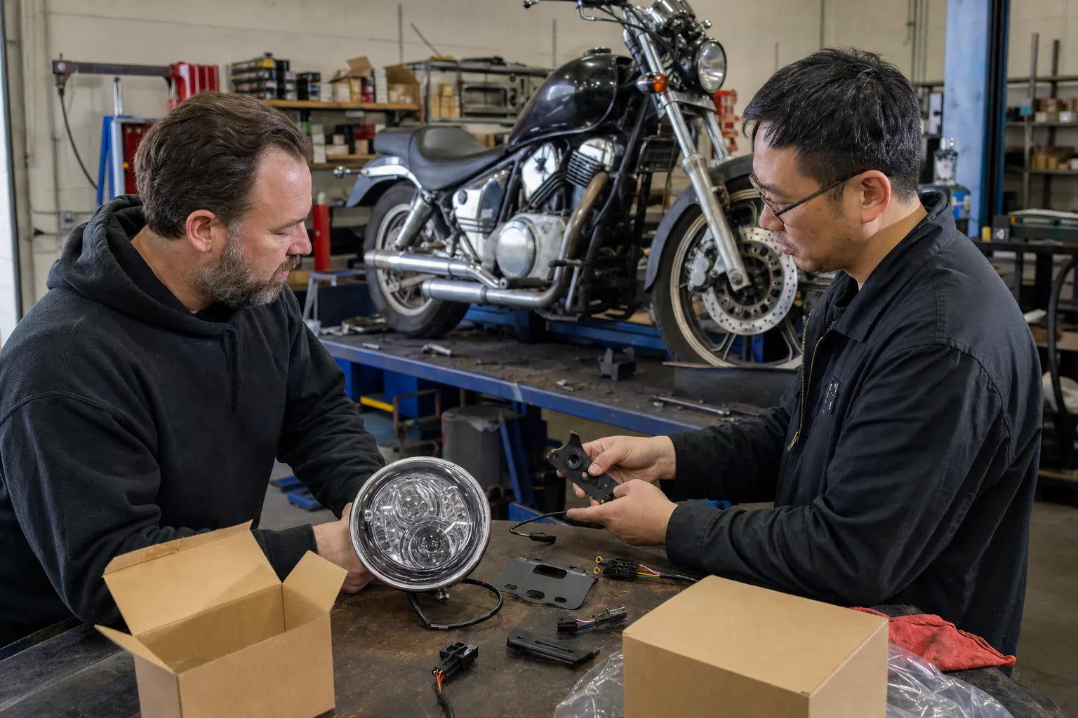 North America motorcycle parts distributor reviewing private-label samples
