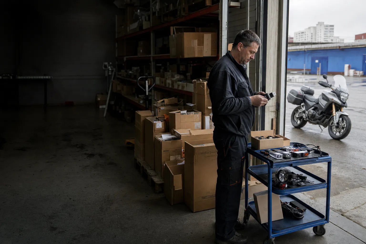 Russia motorcycle parts catalog selection at a distributor warehouse in Moscow