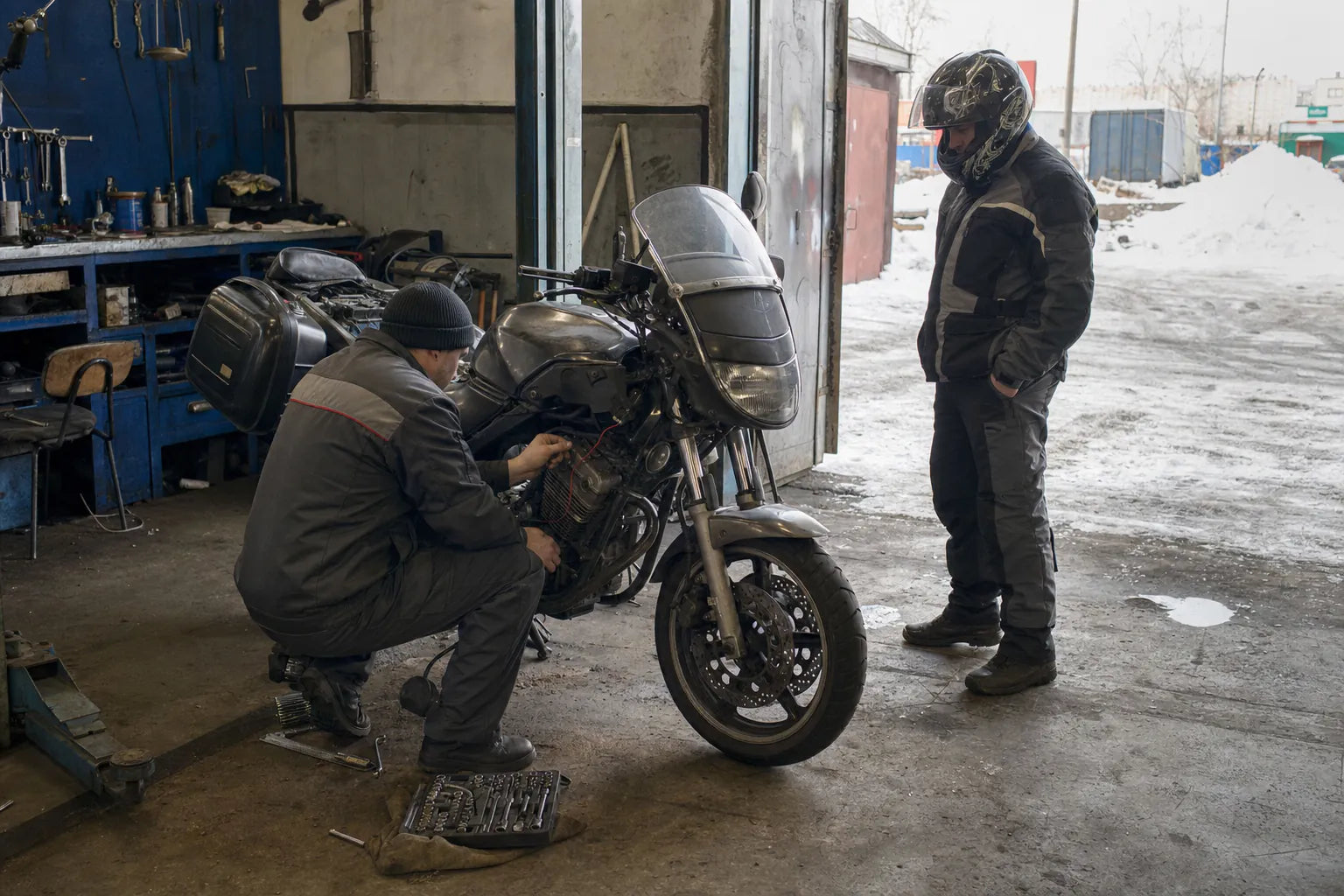 Russia motorcycle parts installed on a local touring motorcycle in Novosibirsk