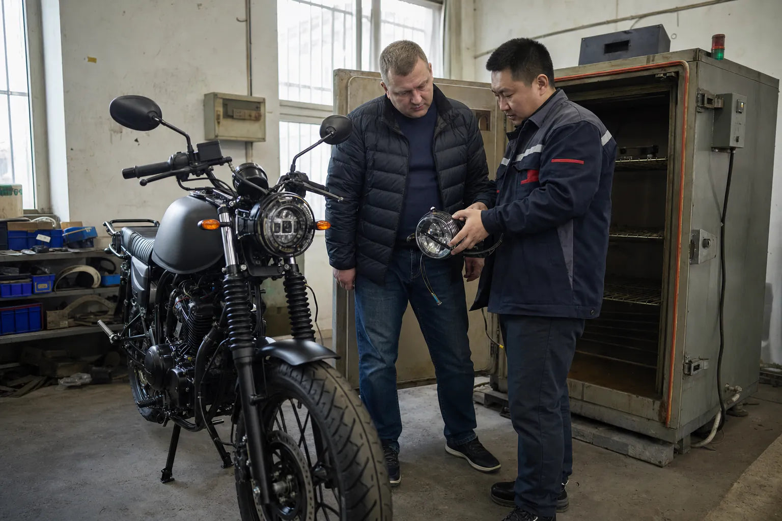 Russia motorcycle parts OEM buyer inspecting production and cold-condition test samples