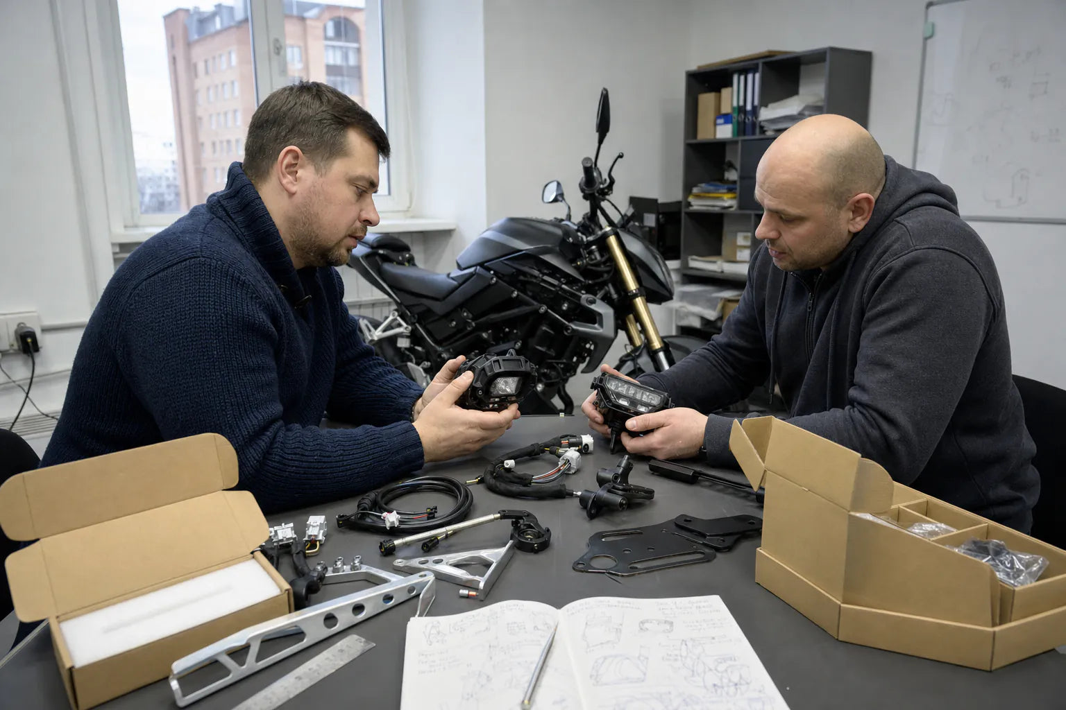 Russia motorcycle parts distributor reviewing private-label cold-condition product samples