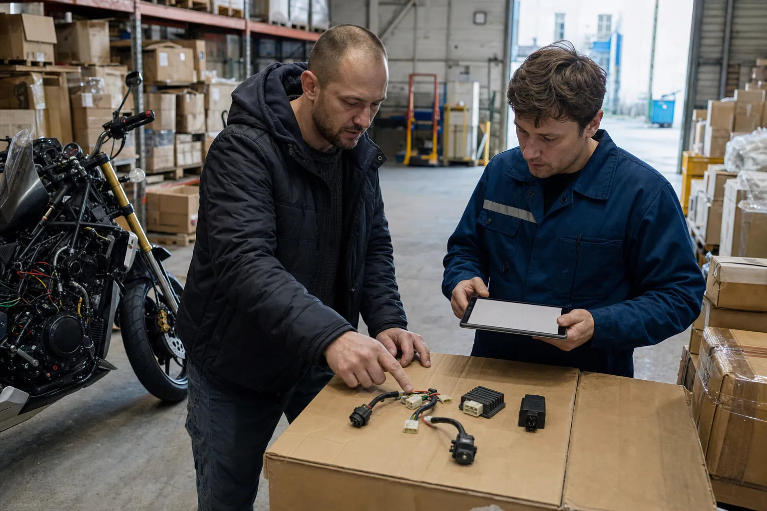 Russia motorcycle parts wholesale buyer comparing samples in Saint Petersburg