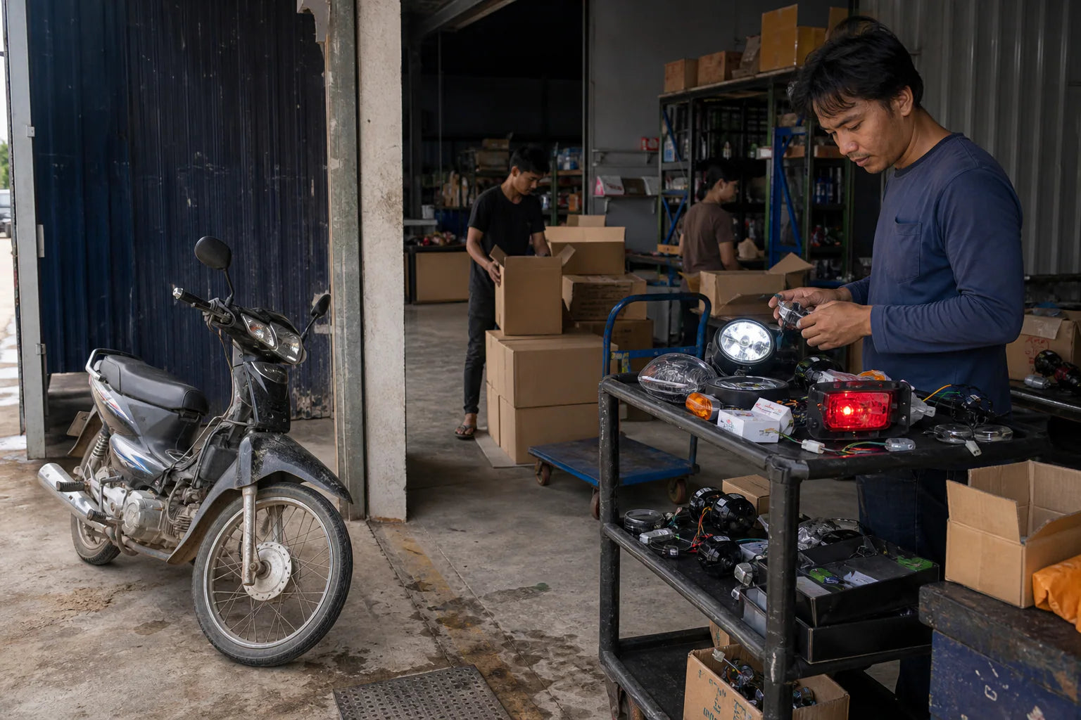 Southeast Asia motorcycle parts catalog selection at a wholesale warehouse in Phnom Penh