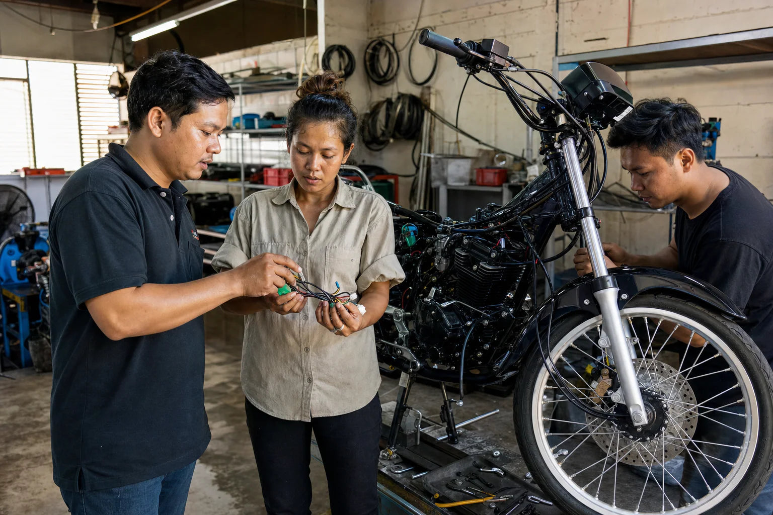 Southeast Asia motorcycle parts OEM buyer inspecting production samples