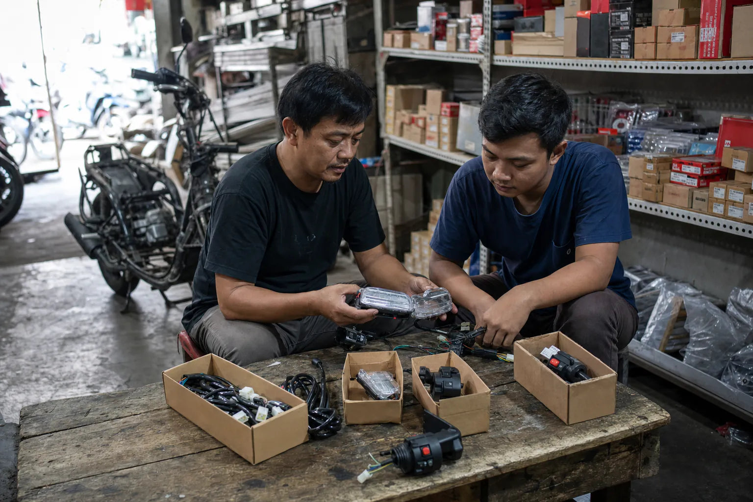 Southeast Asia motorcycle parts wholesaler reviewing private-label commuter product samples