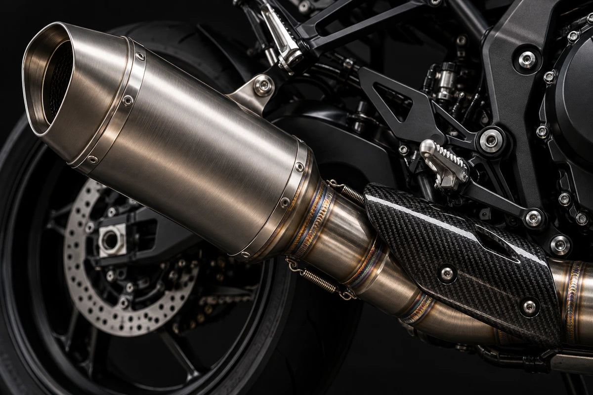 Illustrative close-up of a motorcycle exhaust muffler outlet