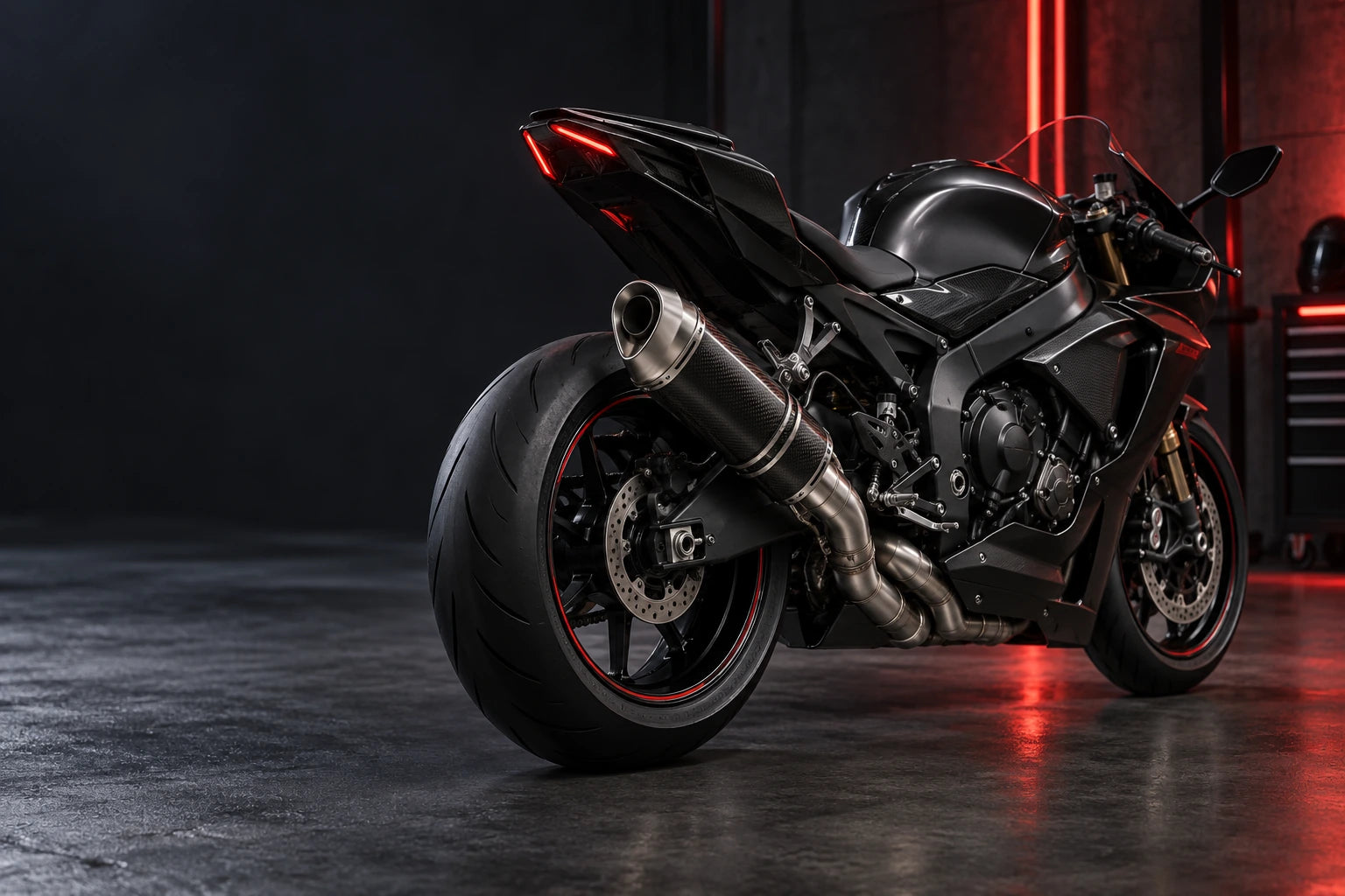 Motorcycle exhaust muffler in an illustrative installation scene