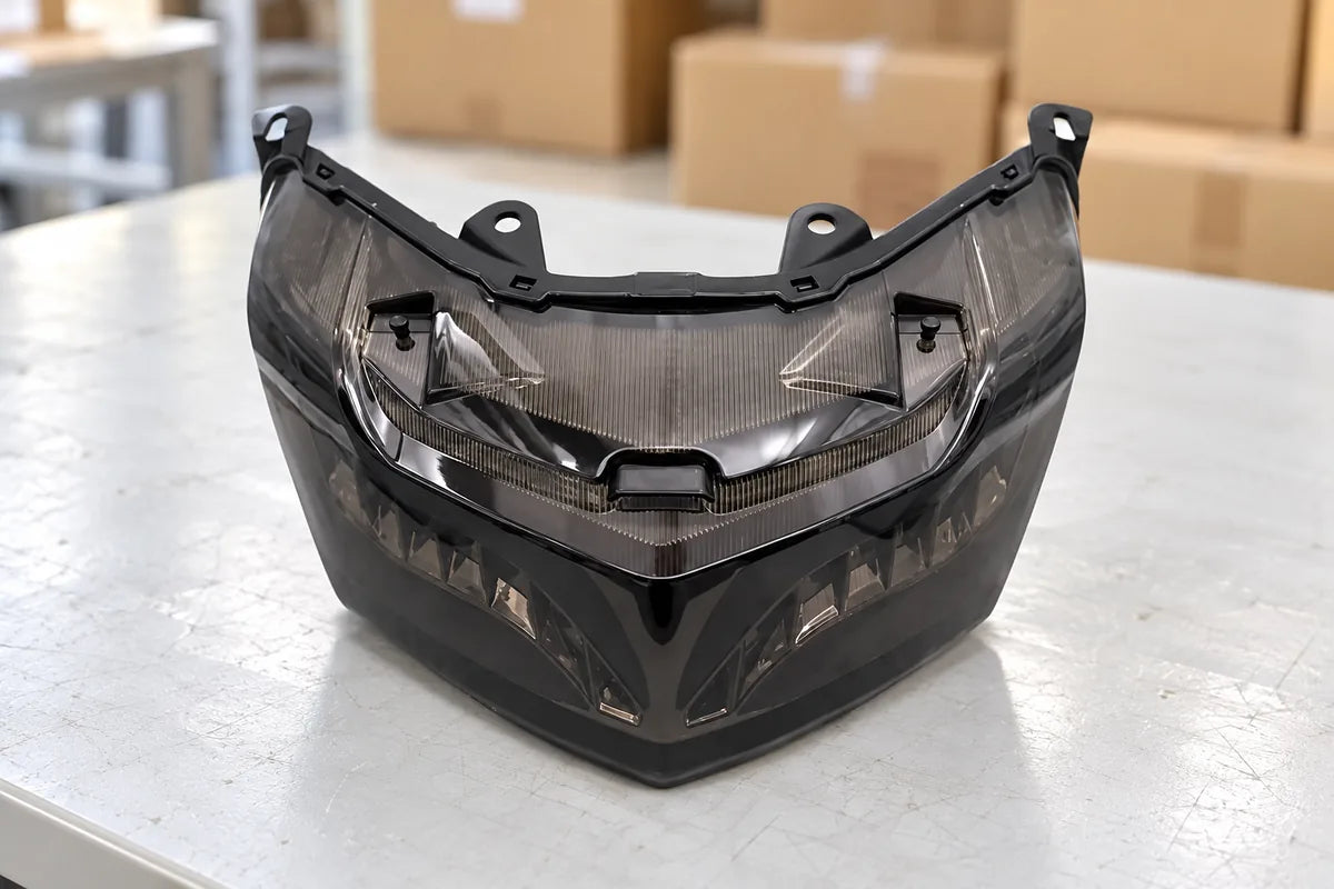 Motorcycle tail light sample on an inspection table